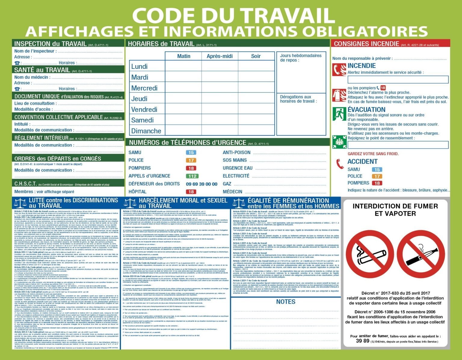 Pancarte Affichage Obligatoire Du Code Du Travail Bequet