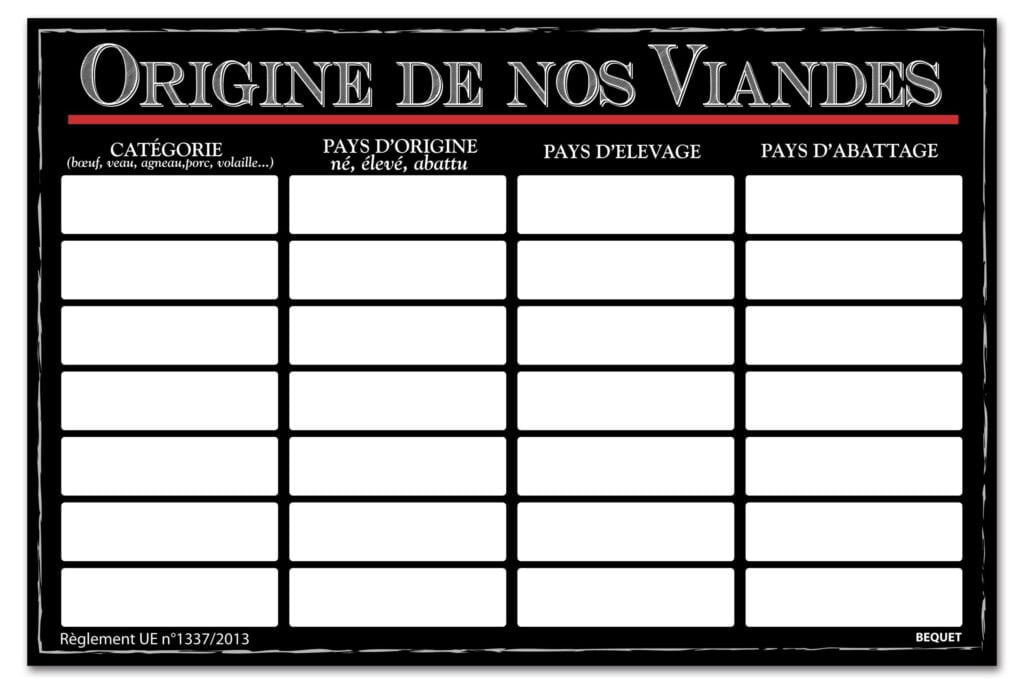 Panneau ardoise « Origine de nos viandes » - Format au choix