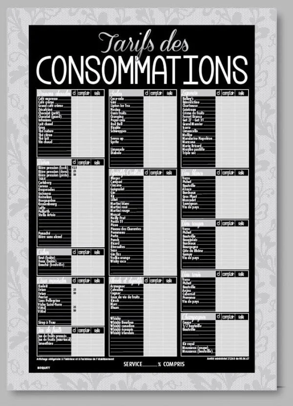 Tableau « DENTELLE » Tarifs des Consommations