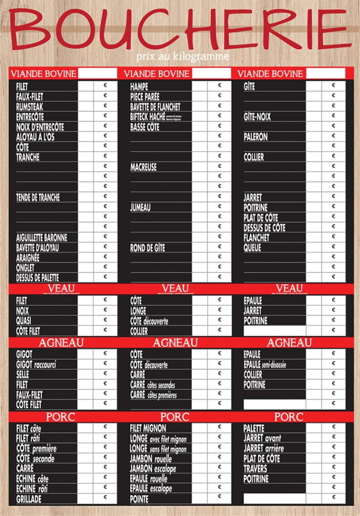 Panneau de Tarif Boucherie « TERROIR » VBVA & VBVAP