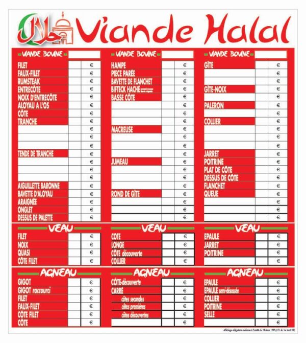 Tableau de tarif Boucherie Halal « Tendance » - Nombreux modèles