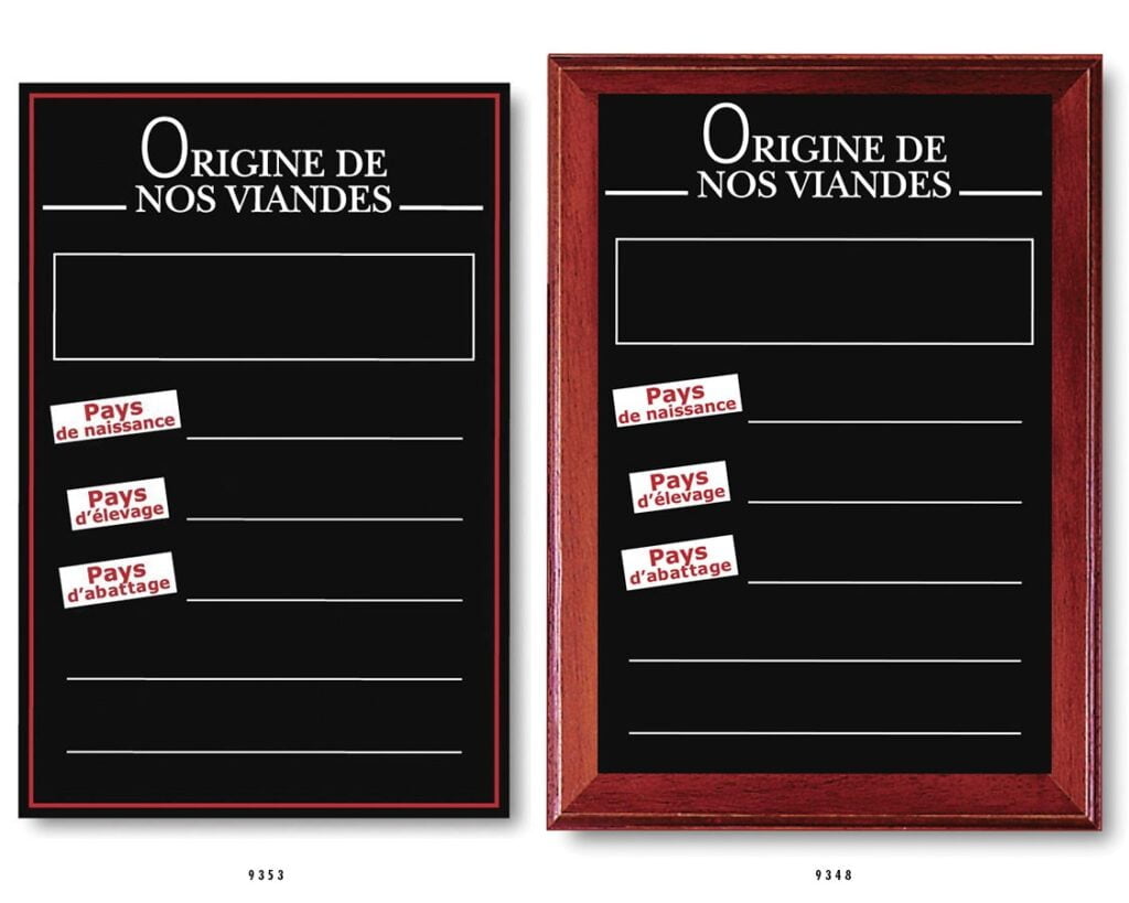 Panneau ardoise « Origine de nos viandes » avec ou sans encadrement