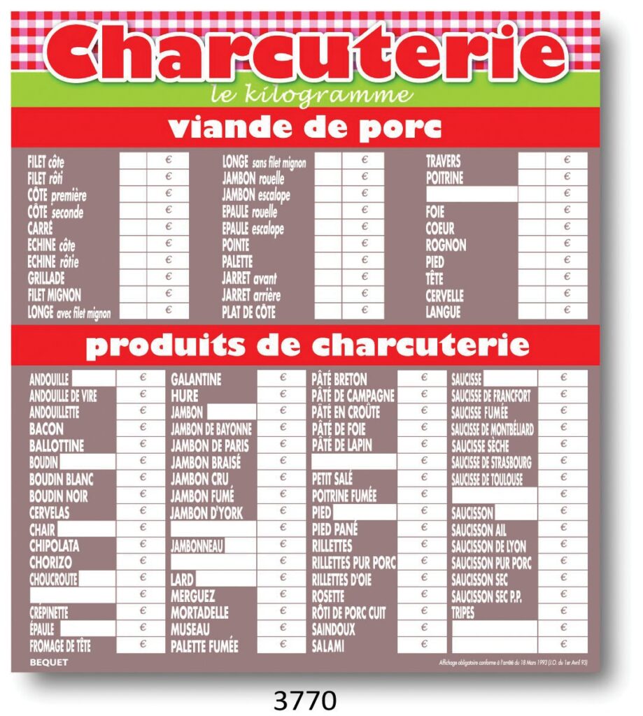 Tableau de tarif Charcuterie « Olga » - Dimensions au choix