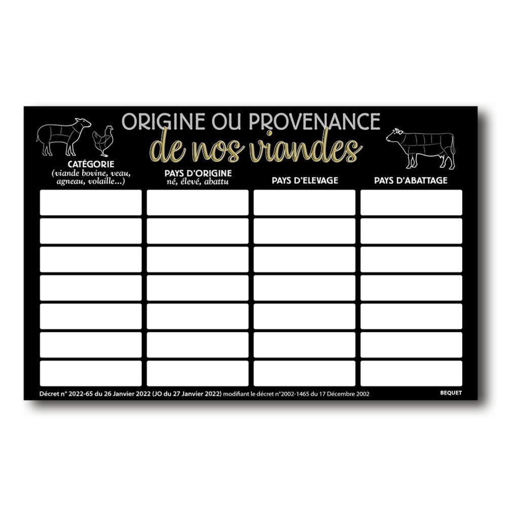 Panneau pour restaurants « Origine ou provenance de nos viandes »