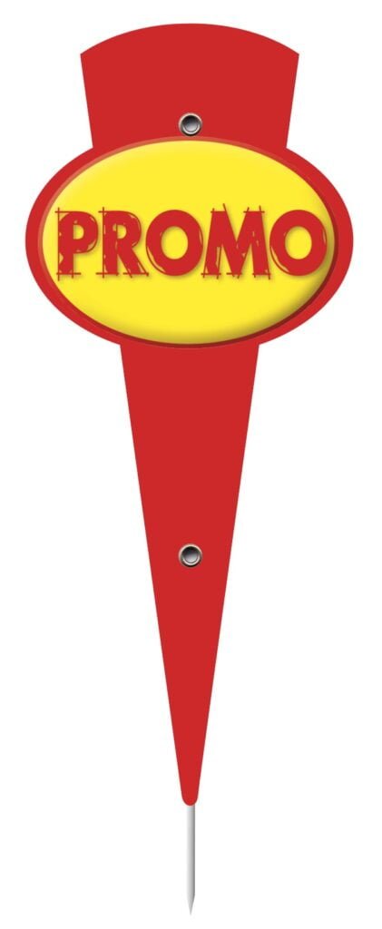 Paquet de 10 Miniflèche 6x14cm Promo rouge et jaune. pique inox