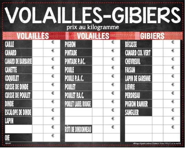 Panneau de Tarif Boucherie « TONIO » Volailles-gibier